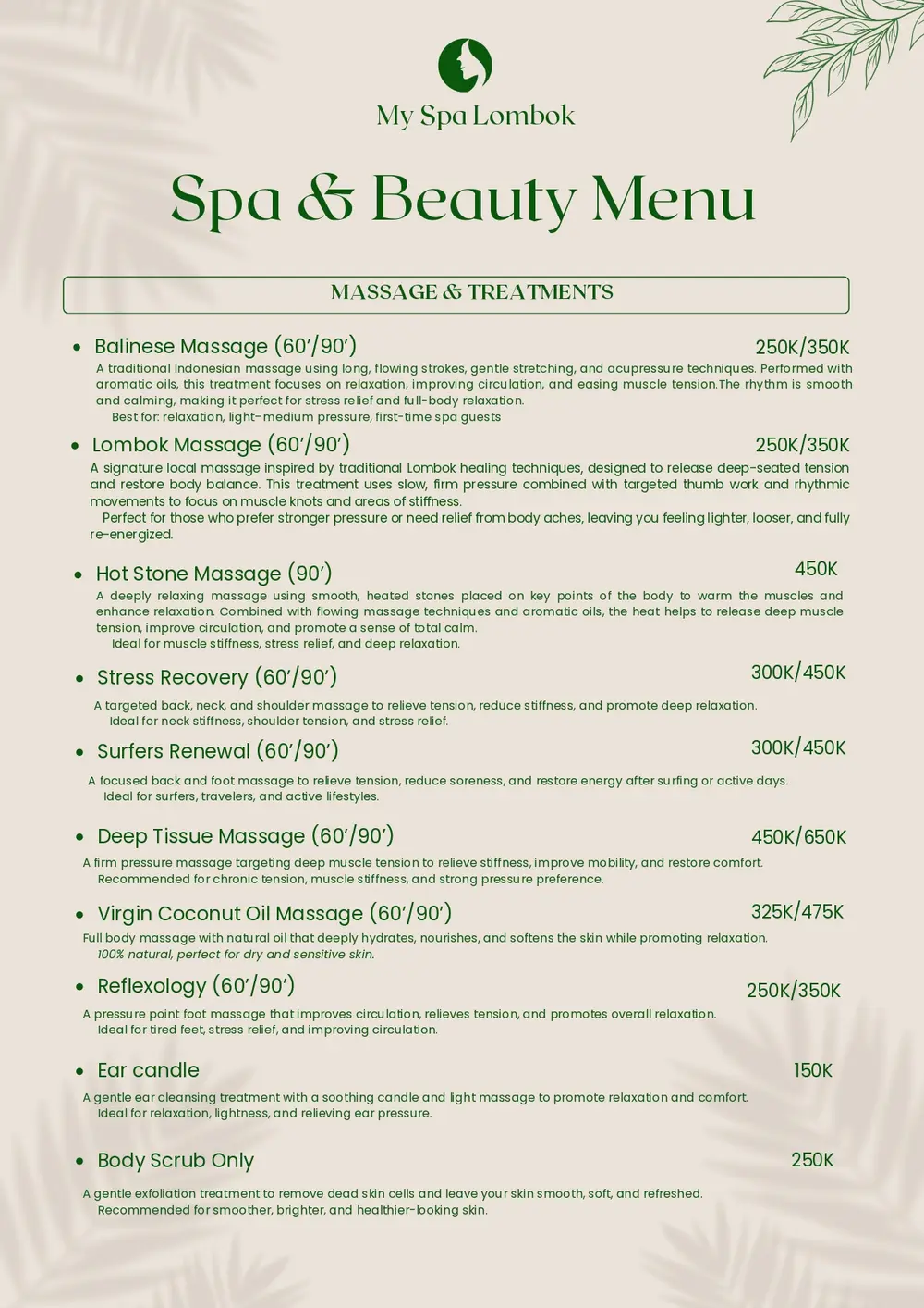 Special spa package deals and couple treatment menu at MY SPA LOMBOK Kuta Mandalika