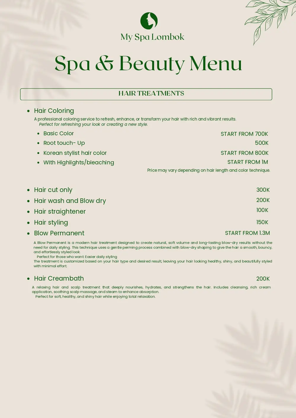 Special spa package deals and couple treatment menu at MY SPA LOMBOK Kuta Mandalika
